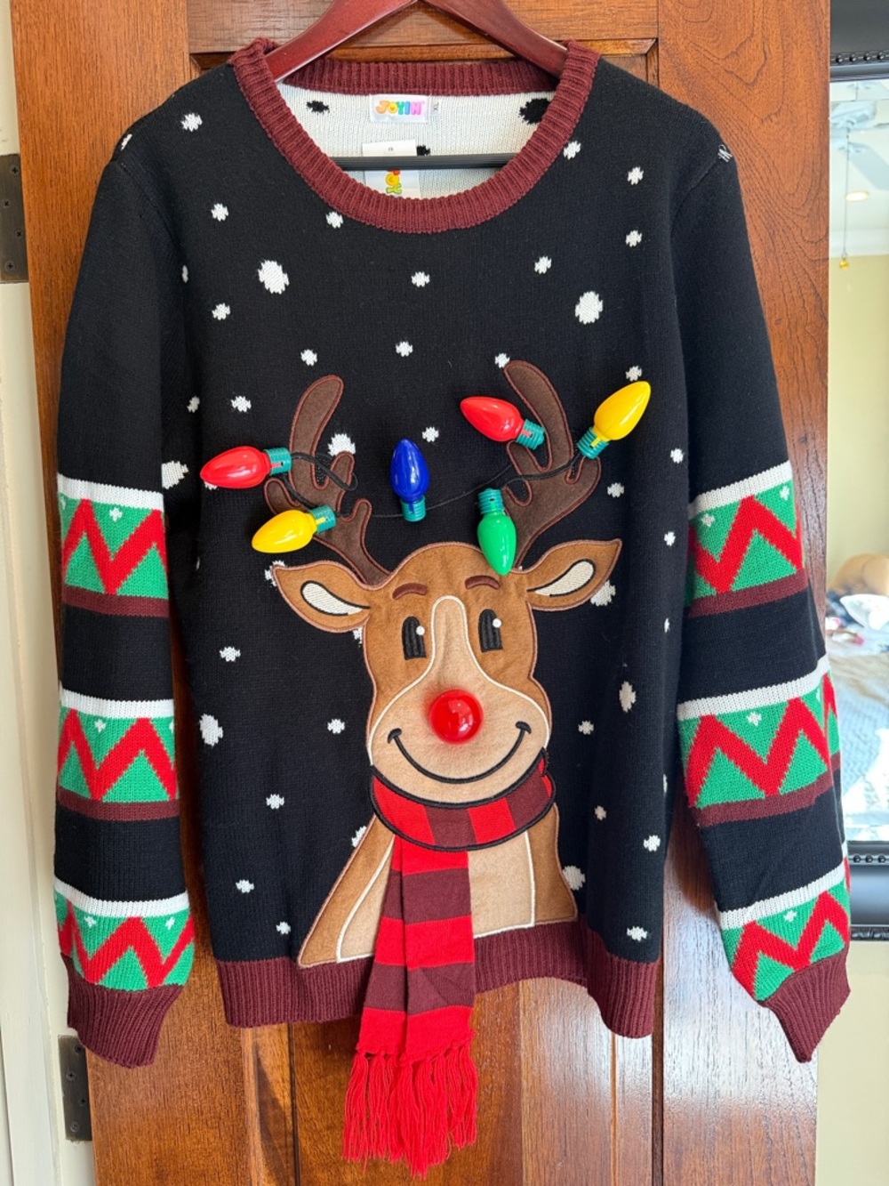 Reindeer with lights Christmas Sweater - Black with Red & Green